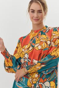 Jodifl Flower Print Bubble Sleeve Top in Rust