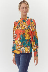 Jodifl Flower Print Bubble Sleeve Top in Rust