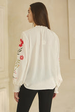 Load image into Gallery viewer, Oddi Textured Airflow Top with Floral Embroidery Sleeves in Off White
