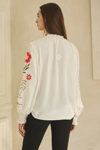 Oddi Textured Airflow Top with Floral Embroidery Sleeves in Off White