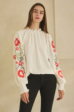 Load image into Gallery viewer, Oddi Textured Airflow Top with Floral Embroidery Sleeves in Off White
