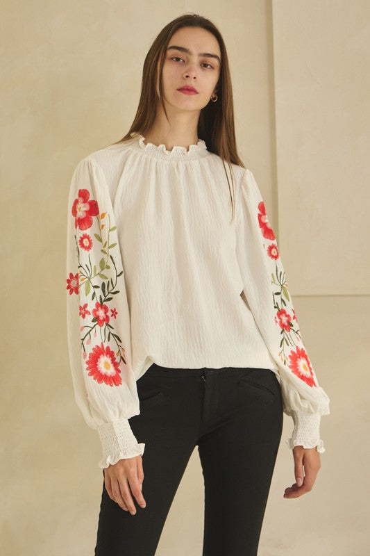 Oddi Textured Airflow Top with Floral Embroidery Sleeves in Off White