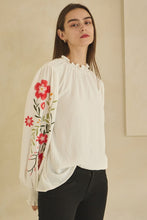 Load image into Gallery viewer, Oddi Textured Airflow Top with Floral Embroidery Sleeves in Off White
