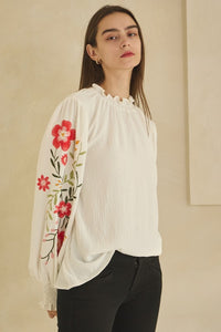 Oddi Textured Airflow Top with Floral Embroidery Sleeves in Off White