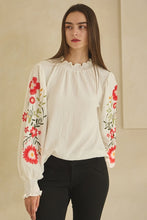 Load image into Gallery viewer, Oddi Textured Airflow Top with Floral Embroidery Sleeves in Off White
