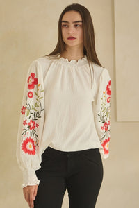 Oddi Textured Airflow Top with Floral Embroidery Sleeves in Off White