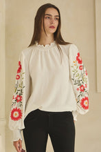 Load image into Gallery viewer, Oddi Textured Airflow Top with Floral Embroidery Sleeves in Off White
