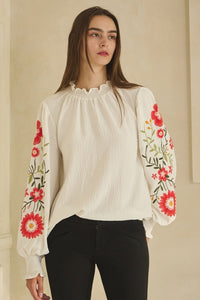 Oddi Textured Airflow Top with Floral Embroidery Sleeves in Off White