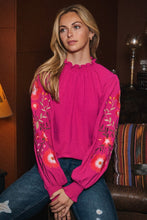 Load image into Gallery viewer, Oddi Textured Airflow Top with Floral Embroidery Sleeves in Wild Berry
