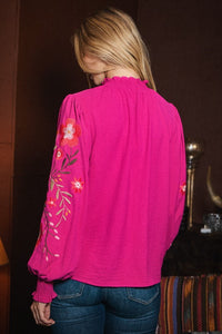 Oddi Textured Airflow Top with Floral Embroidery Sleeves in Wild Berry