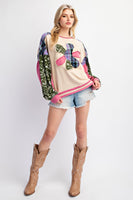 Easel Soft Washed Mix N Match Fabric Flower Patch Top in Beige