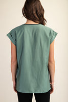 GiGio Solid Color Top with Contrasting Piping Details in Teal