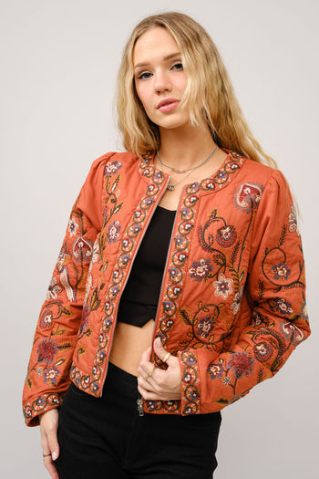 Blue B Mixed Embroidered Zip Up Jacket in Rust Beige