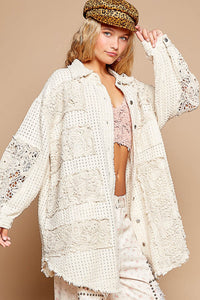 POL OVERSIZED Twill Shacket with Crochet Patches in Ivory Multi