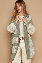 Load image into Gallery viewer, POL OVERSIZED Twill Shacket with Crochet Patches in Olive Multi
