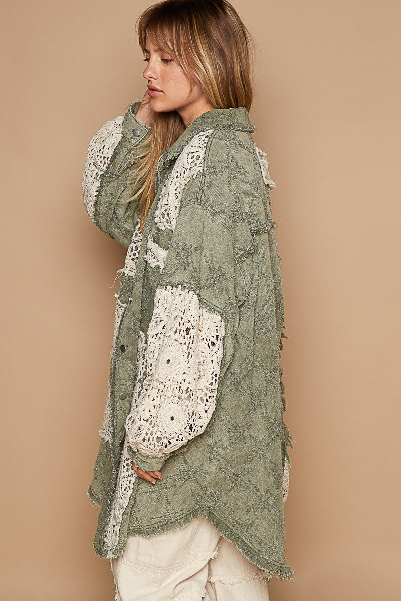 POL OVERSIZED Twill Shacket with Crochet Patches in Olive Multi – June Adel