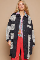 POL OVERSIZED Twill Shacket with Crochet Patches in Black Multi