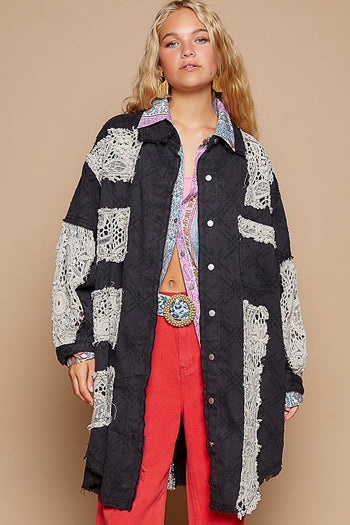 POL OVERSIZED Twill Shacket with Crochet Patches in Black Multi
