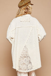 POL OVERSIZED Twill Shacket with Crochet Patches in Ivory Multi