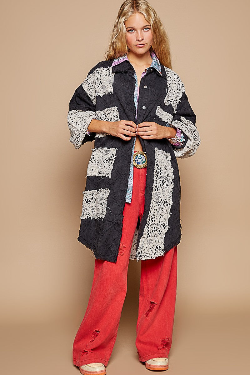★pdm★　ボーダージャケット　コムデギャルソン POL OVERSIZED Twill Shacket with Crochet Patches in Black Multi