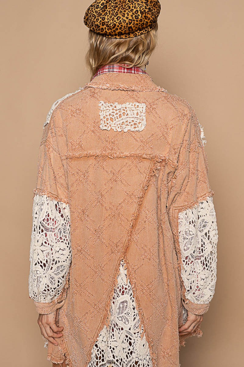POL OVERSIZED Twill Shacket with Crochet Patches in Peach Jam Multi ...