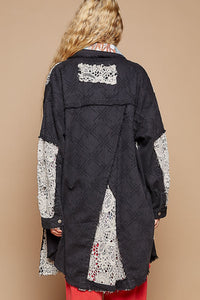 POL OVERSIZED Twill Shacket with Crochet Patches in Black Multi