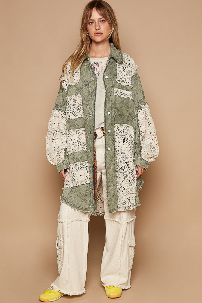 POL OVERSIZED Twill Shacket with Crochet Patches in Olive Multi – June Adel