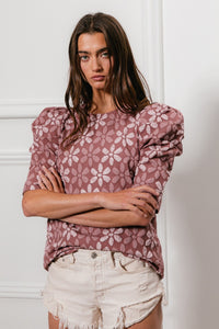 BiBi Floral Jacquard Woven Top in Red Bean