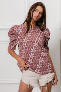 BiBi Floral Jacquard Woven Top in Red Bean