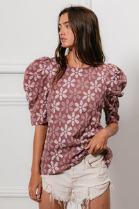 BiBi Floral Jacquard Woven Top in Red Bean