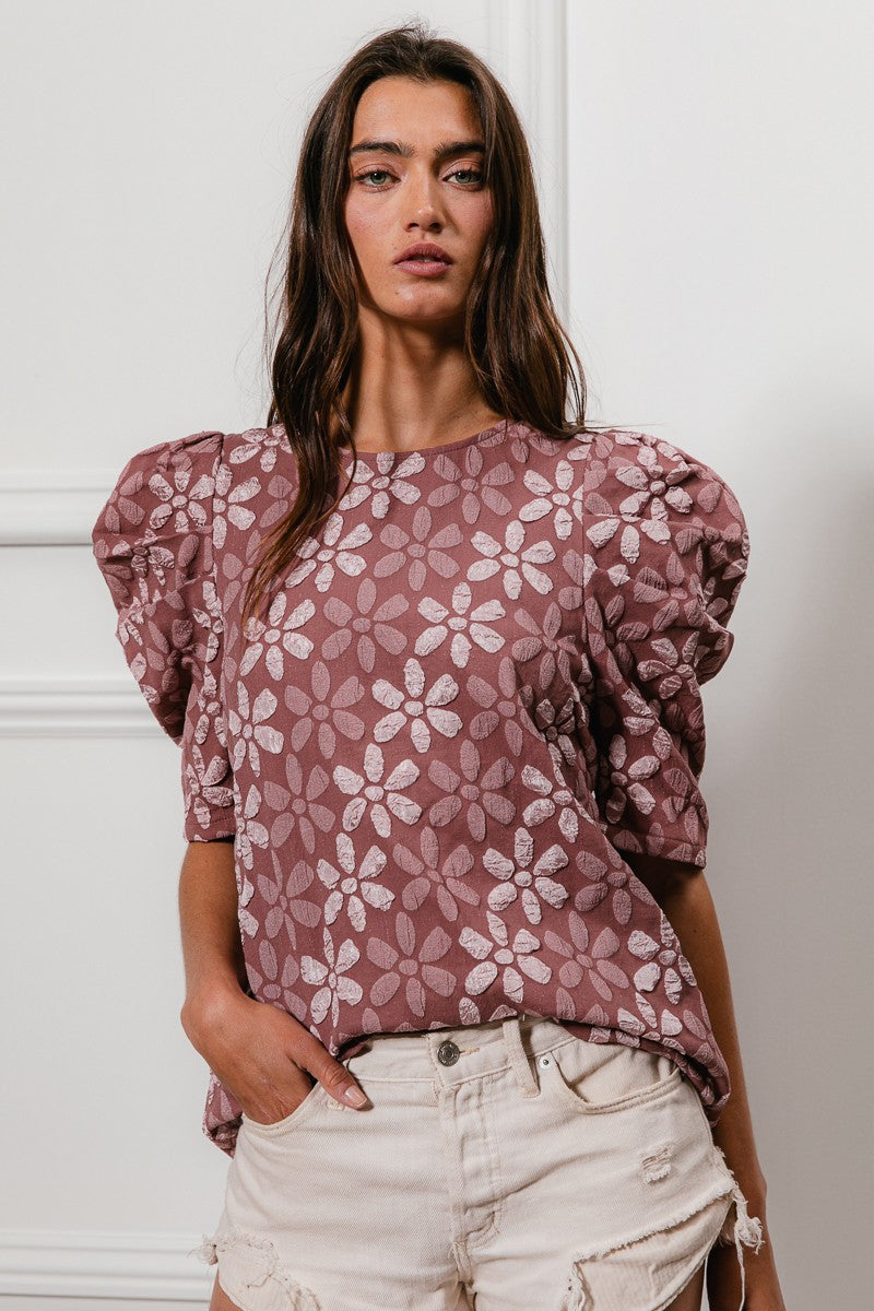 BiBi Floral Jacquard Woven Top in Red Bean