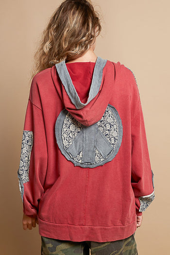 POL Peace Patched Hooded Top in Cherry Wood
