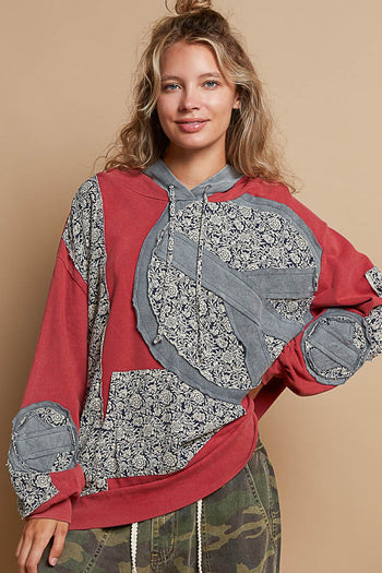 POL Peace Patched Hooded Top in Cherry Wood
