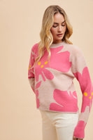 AnnieWear Flower Jacquard Crop Sweater in Hot Pink