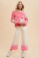 AnnieWear Flower Jacquard Crop Sweater in Hot Pink