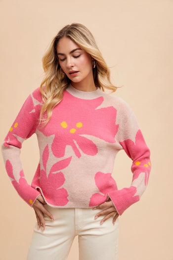 AnnieWear Flower Jacquard Crop Sweater in Hot Pink