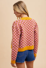 Load image into Gallery viewer, AnnieWear CROPPED Checkerboard Pattern Cardigan in Pink/Mustard
