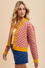 Load image into Gallery viewer, AnnieWear CROPPED Checkerboard Pattern Cardigan in Pink/Mustard
