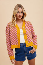 Load image into Gallery viewer, AnnieWear CROPPED Checkerboard Pattern Cardigan in Pink/Mustard
