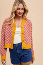 Load image into Gallery viewer, AnnieWear CROPPED Checkerboard Pattern Cardigan in Pink/Mustard
