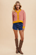 Load image into Gallery viewer, AnnieWear CROPPED Checkerboard Pattern Cardigan in Pink/Mustard
