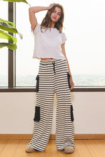 Load image into Gallery viewer, BucketList Stripe Print Cargo Pocket Wide Leg Pants in Black ON ORDER
