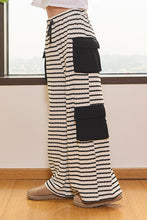 Load image into Gallery viewer, BucketList Stripe Print Cargo Pocket Wide Leg Pants in Black ON ORDER
