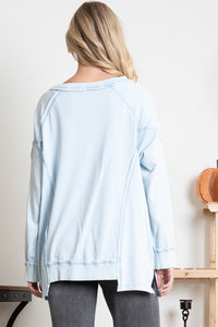 BlueVelvet Cotton Terry Knit Top with Patchwork Details in Sky Blue