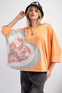 Easel OVERSIZED Heart Patched Knit Top in Apricot FINAL SALE