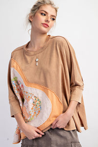 Easel OVERSIZED Heart Patched Knit Top in Almond