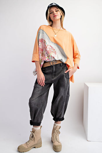 Easel OVERSIZED Heart Patched Knit Top in Apricot