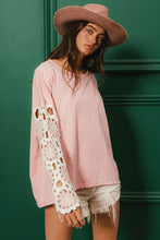 Load image into Gallery viewer, BiBi French Terry Pullover Top with Crochet Sleeves in Blush
