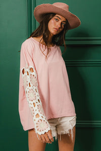 BiBi French Terry Pullover Top with Crochet Sleeves in Blush