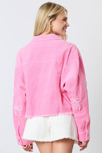 Peach Love CROPPED Corduroy Jacket with Pearl Bows in Candy Pink